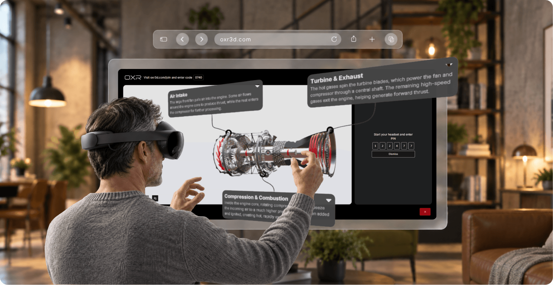A person in an XR headset exploring an annotated jet engine in an OXR session, with information cards for the air intake, compression and turbine sections
