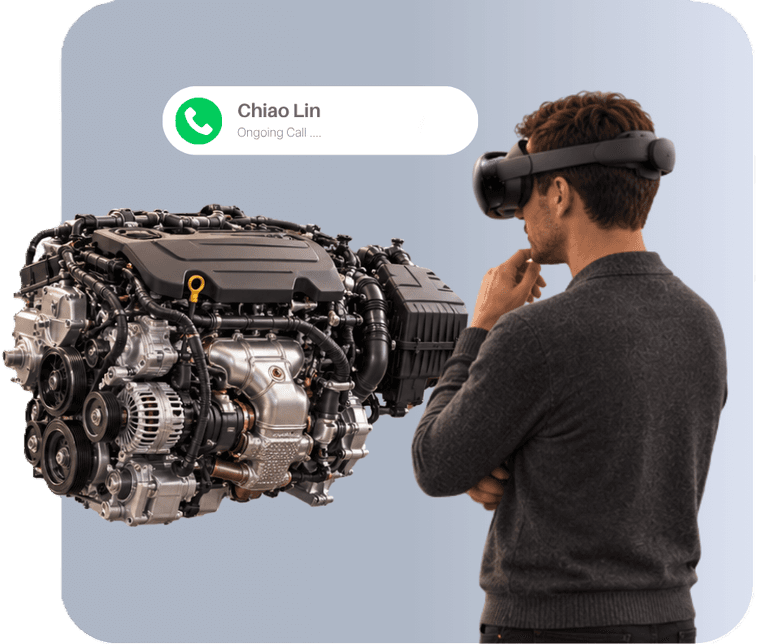 A person in an XR headset inspecting a full engine model while on a live call with Chiao Lin