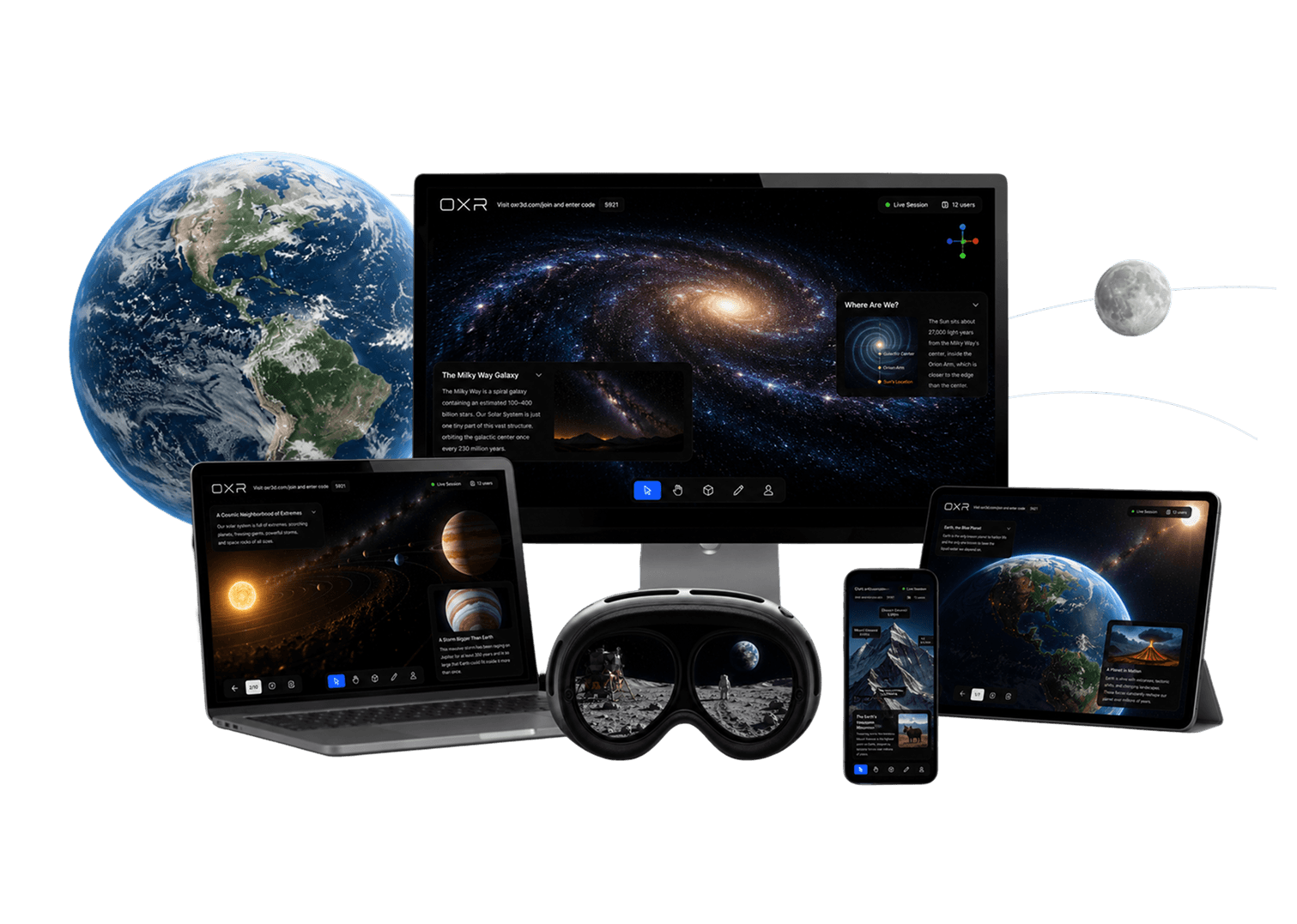 The same OXR space lesson running on a desktop monitor, laptop, tablet, phone and XR headset